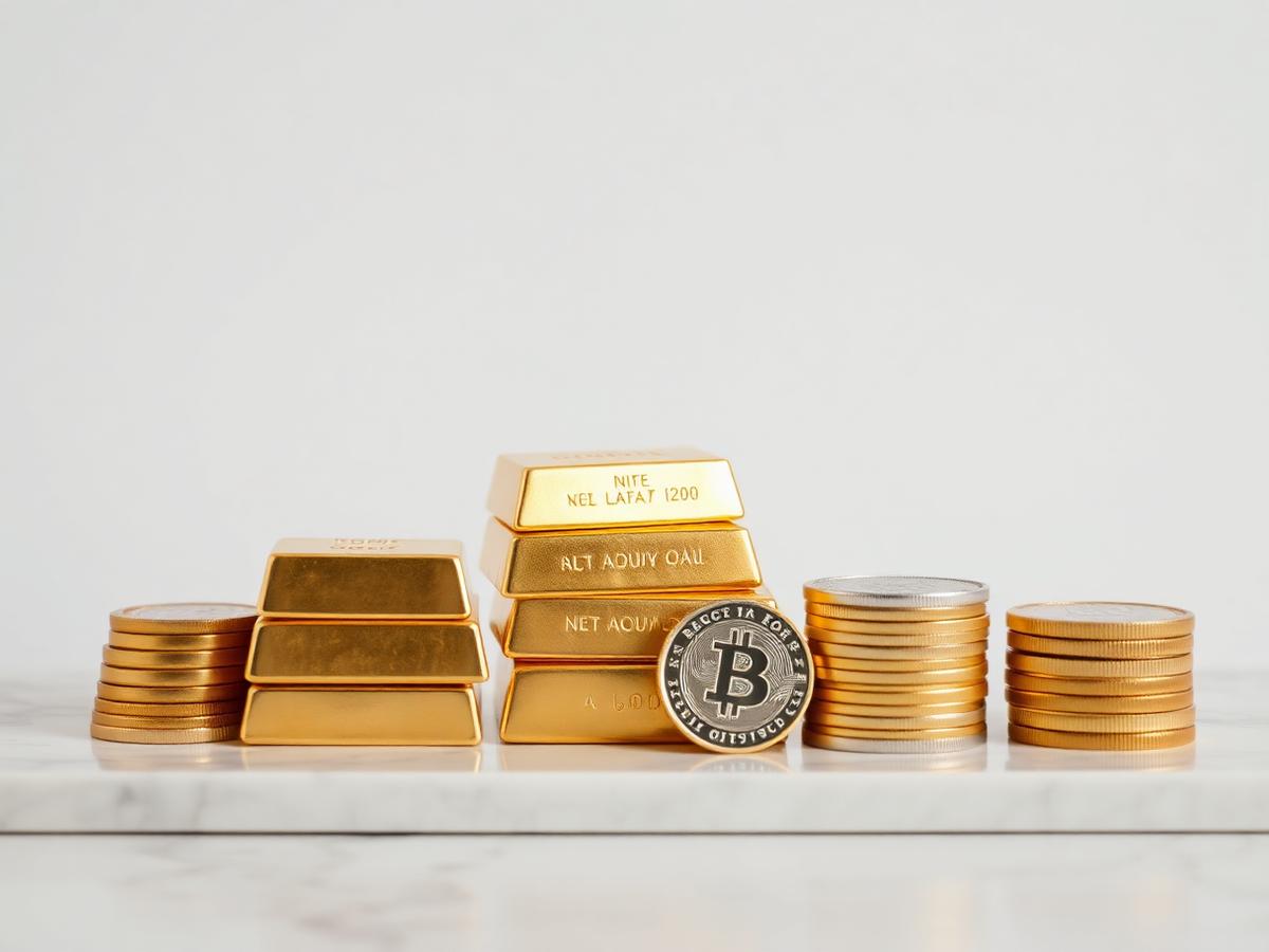 Gold bars and coins on white marble
