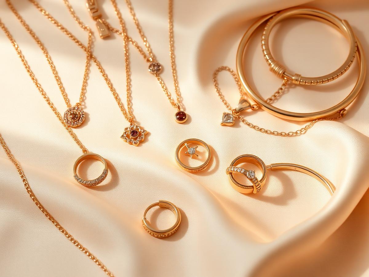 Fine gold jewellery on cream silk