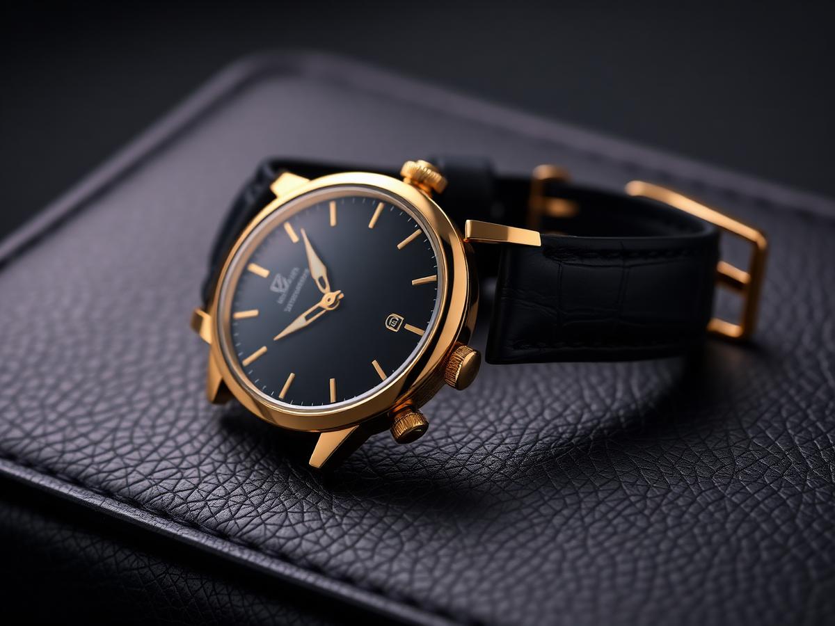 Luxury wristwatch with gold case on dark leather